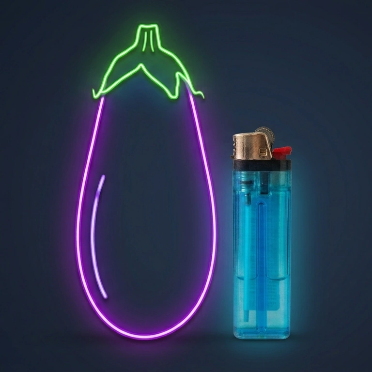 A neon aubergine glowing beside a lighter on a dark ground. The aubergine is one and a half lighters tall.